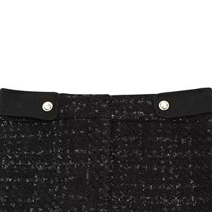 Elegante conjunto de pantalones cortos de tweed para mujer con cierre de botones, cintura alta, estampado liso negro, chaqueta de manga larga de corte regular y pantalones cortos. - Product Image 2
