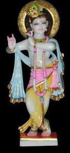 Handcrafted Beautiful Vietnam White Marble Hand <b>Painted</b> Lord Krishna Standing Sculpture For Janmashtami - Product Image 6