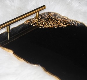 Luxury Black <b>Epoxy</b> Resin Serving Tray With Golden Flakes Handmade Decorative Tray With Metal Handles Storage Tray For Home Decor - Product Image 1
