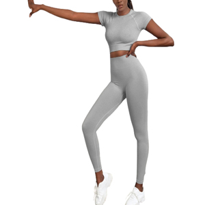 Premium Selling Short Sleeve Crop Top T Shirts & <b>Leggings</b> Sweat-Wicking Breathable Fitness Four-Way Stretch Activewear Set - Product Image 2