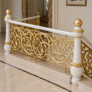 Luxury White Gold Ornate Stair <b>Railing</b> Floral Scroll Balustrade with Round Finials for Villa Mansion Interior Decor - Product Image 3
