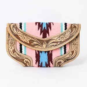 Handmade Pink Aztec Saddle Blanket Hand Clutch Cowhide Tooled Leather Trifold Wallet with Magnet Flap by Hidayat International
