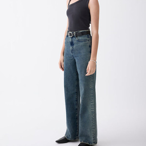 Vaqueros de mezclilla de cintura alta y pierna ancha para mujer, color liso, lavado a la piedra, estilo casual, largos, holgados, con cinturón, estilo otoño - Product Image 3
