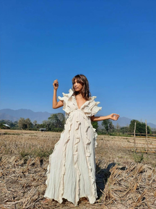 Women <b>Boho</b> White Maxi Dress Deep V-Neck Ruffle Sleeve Loose Fit Flowy Organic Cotton Eco-Friendly Summer Beach Party Dress - Product Image 4