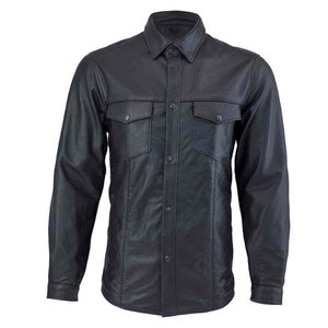 Men's Black <b>Leather</b> Casual <b>Shirt</b> Long Sleeve Button Front Turn-Down Collar Solid Color Workwear Style Autumn Wear - Product Image 3