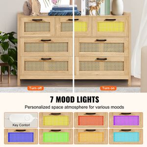 Cómoda Moderna de 7 Cajones Estilo Boho, Madera de Ratán Natural con Luces LED, Organizadores para Almacenamiento de Ropa - Product Image 3