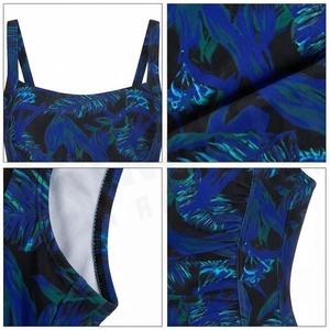 Women One Piece Swimsuit Square Neck Ruched Plant Print <b>Blue</b> Stretch Swimwear - Product Image 4