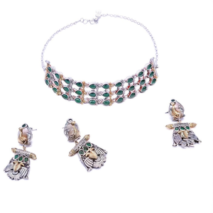 Fashion Jewelry Set Silver-Tone Choker and Earrings with Green Stone Studs - Product Image 1