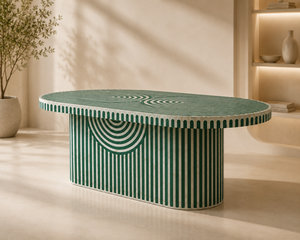 Table à manger ovale en bois massif rayée vert et blanc, style moderne géométrique, pour îlot de cuisine ou salle à manger - Product Image 3