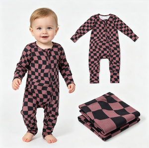 Monos convertibles con cremallera bidireccional para bebés, color marrón y negro, con estampado de tablero de ajedrez, para otoño - Product Image 6