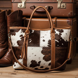 Cowhide Panelled <b>Tote</b> <b>Bag</b> Genuine Leather <b>Vintage</b> Zipper Closure Women's Shoulder Handbag All Seasons Daily Use - Product Image 3