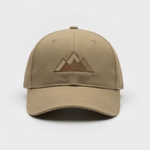 Khaki 6-Panel <b>Baseball</b> <b>Cap</b> with Embroidered Mountain Logo Unisex Casual Hat Fitted Brim Twill Fabric - Product Image 1