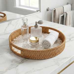 Plateau de service rectangulaire en rotin pour la décoration de la maison, avec motif de feuilles blanches, design moderne fait main, écologique, passe au lave-vaisselle - Product Image 5