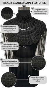 Cape d'épaule Ellora noire en nylon à franges perlées pour femme, col brodé, idéale pour les soirées, cape de mariée, superposition à pampilles - Product Image 6