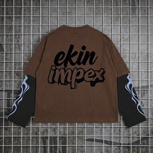 Men Oversized Long Sleeve T-<b>Shirt</b> Streetwear <b>Flame</b> Patchwork Sleeve Brown Black Hip Hop Baggy Heavyweight Cotton Tee 2027 - Product Image 2