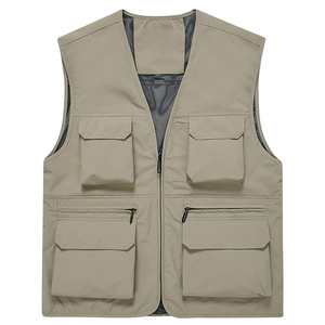 Chaleco sin mangas de color liso para hombre, cuello en V, cierre de cremallera, múltiples bolsillos, ropa exterior informal transpirable, ropa de verano beige - Product Image 1