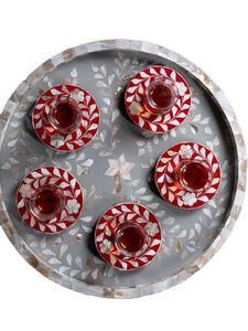 Juego de bandejas redondas de nácar para servir con seis posavasos Diseño floral para el hogar Oficina Hotel Restaurante Estilo tradicional - Product Image 2