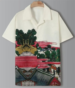 Camisa informal para hombre con estampado de paisaje, camisa de verano de manga corta beige de secado rápido - Product Image 1