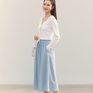 Custom <b>Women</b> Ribbed Knit Midi <b>Skirt</b> with Adjustable Drawstring Waist, Everyday Casual <b>Skirt</b>, Factory Wholesale Clothing Apparel - Product Image 1
