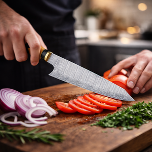 Cuchillo de Cocina Japonés Hecho a Mano con Hoja de Acero de Damasco y Funda de Cuero Premium, Mango de Madera y Resina para Chefs - Product Image 4