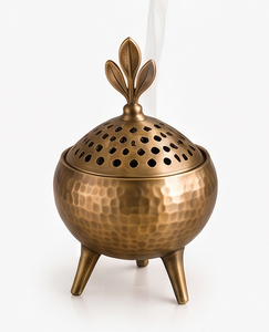 Incensario de hierro dorado esférico con trípode, cuenco martillado y adorno de hoja, para aromaterapia, regalo - Product Image 2