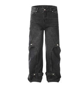 Pantalones Vaqueros Cargo de Cintura Alta para Hombre, Corte Holgado, Lavado a la Piedra, Color Negro, Estilo Casual, Pierna Ancha, Estilo Otoñal - Product Image 1