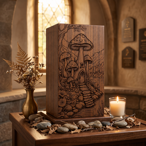 Wooden <b>Memorial</b> Urn Engraved Mushroom Forest <b>Keepsake</b> Cremation Urn Decorative Tribute <b>Box</b> for Remembrance - Product Image 1
