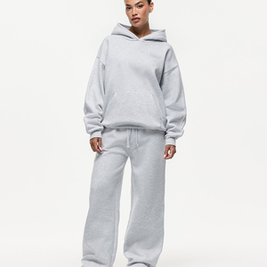 Ensemble de sweat-shirt à capuche gris pour femmes, manches longues, coupe ample, décontracté, <span class=keywords><strong>2</strong></span> pièces, jogging en coton tricoté, couleur unie, à porter toute l'année - Product Image 1