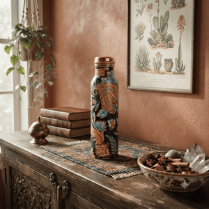 Botella de Agua de Cobre Hecha a Mano con Diseño Floral Kalamkari, Botella Metálica para Beber, Venta al Por Mayor, Exportación, Regalo para el Hogar y la Cocina, Proveedores - Product Image 4
