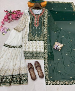 Women Green White Silk Salwar Kameez With Dupatta Traditional Ethnic Wear Wedding Outfit <b>Floor</b> Length Regular Fit 83869 LC 1460 - Product Image 3