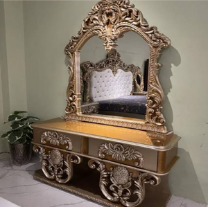 Royal antique <b>gold</b> finish carved wooden <b>dressing</b> console <b>table</b> with mirror, available at wholesale prices. - Product Image 1