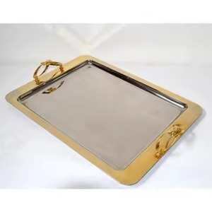 Plateau de service rectangulaire en acier inoxydable avec poignées dorées, design minimaliste, plateau en métal durable pour la vaisselle de fête - Product Image 5