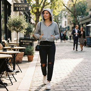 Sudadera Corta Personalizada para Mujer, Estampada en Gris para Otoño, con Detalle de Orejas, Transpirable, Forrada, de Algodón Suave, Estilo Urbano - Product Image 4