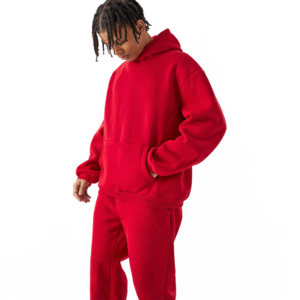 Chándal Rojo con Capucha para Hombre, Cuello Alto, Cierre con Cordón, Mangas Largas, Color Sólido, Corte Regular Informal, 100% Algodón, Secado Rápido - Product Image 1