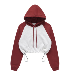 Unisex <b>Cropped</b> Hooded <b>Sweatshirt</b> Raglan Sleeve Color Blocking <b>White</b> Black Cotton Fleece Oversized Fit Casual 420g OEM Service - Product Image 5