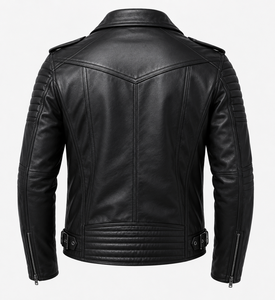 Dumela Men's Black Genuine Leather Streetwear Motorcycle Jacket Slim Fit Stand Collar Zipper Closure Belted Design Plain Dyed - Product Image 2