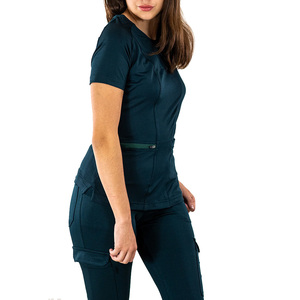 Ensemble de blouses médicales pour femmes, vert turquoise foncé, en polyester et coton tricoté, uniforme d'hôpital avec poches et passant pour stéthoscope - Product Image 2