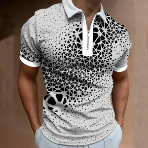 Men's <b>White</b> Geometric Print <b>Polo</b> Shirt Short Sleeve Zipper Collar Breathable Sporty Style 100% Polyester Knitted Fabric - Product Image 2