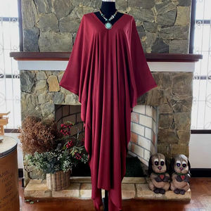Wine Red Hand Dyed Rayon <b>Kaftan</b> <b>Dress</b> <b>Plus</b> <b>Size</b> V Neck Relaxed Fit Women Wear - Product Image 1
