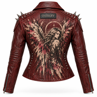 Blouson de motard asymétrique en cuir véritable rouge foncé pour femme, avec imprimé graphique ailes d'ange personnalisées, fermeture éclair et clous, par le fabricant
