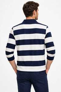 <b>Men's</b> <b>Long</b> <b>Sleeve</b> Polo Shirt Navy <b>White</b> Striped Collar Casual Knitted <b>Top</b> - Product Image 2