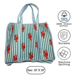 Premium Jaipur Block Print <b>Quilted</b> Cotton Tote Bag With Lobster Print Striped Design 18 X 18 Inches Machine Durable Shopping Bag - Product Image 3