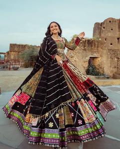 Lehenga Choli de Seda de Diseño para Mujer, Lehenga Étnica Tradicional Estampada con Dupatta |   Ropa Festiva y para Bodas - Product Image 5