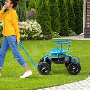 Carrello da Giardino Blu Regolabile in Altezza con Sedile Girevole e Vano Porta Attrezzi - Product Image 6