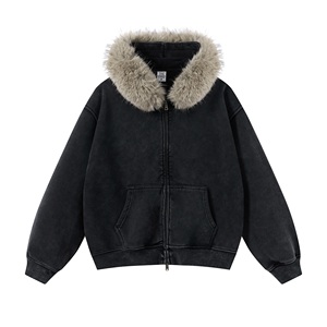Wholesale Custom Oversized Distressed Faux Fur <b>Hood</b> Solid Heavyweight Cotton <b>Zip</b> Hoodie Boxy Style Custom logo for Men - Product Image 3