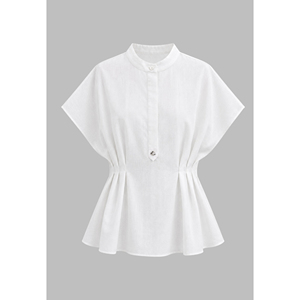Blusa de Lino y Viscosa Blanca Transpirable para Mujer, Estilo Peplum Floral, Cuello Mandarín, Manga Corta, Ropa Casual de Verano, VENUS - Product Image 6