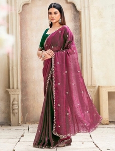 Sari de Seda Bordado Reversible para Mujer, Estilo Bollywood Jimmy Jimmy, con Blusa Sin Coser (Morado) - Product Image 5