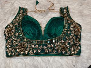 Women's Padded Emerald Green Winter Wedding Crop Top Bridal Designer <b>Blouse</b> Woven <b>Satin</b> 100% Silk Sweetheart Collar Breathable - Product Image 3