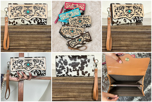 Custom Handcrafted Real Genuine Cowhide Leather Wallet Clutch with Turquoise Stone Tooled Floral Design Wristlet <b>Purse</b> for Women - Product Image 2