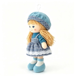 customized Mini Hanging Long Blonde Hair Rag Doll,Soft Fabric Girl Plush Ornament,Blue Plaid <b>Beret</b> Lace Dress Cloth Doll Pendant - Product Image 4